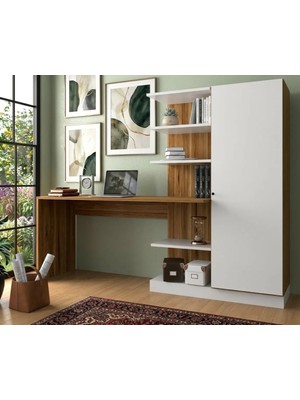 Bicabin Narin Raflı Kitaplıklı Kapaklı Dolaplı Çalışma Masası -Atlantik Çam/Beyaz (Dolap Sağ)