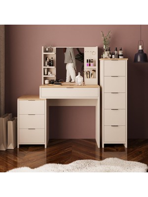 Bimossa T3060 Izabel Çekmeceli Dolaplı Makyaj Masası Sepet-Kumtaşı Aynalı, 3 Çekmeceli Yan Dolaplı, Raflı