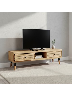 Mobenta Stria Tv, Doğal Masif Ahşap Tv Ünitesi 2 Çekmeceli 1 Raflı - 120 cm Bz