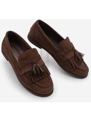 Marjin Kadın Loafer Püsküllü Günlük Ayakkabı Petlin Kahve Süet