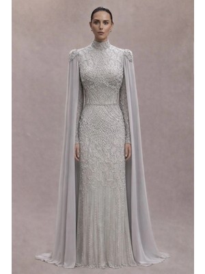 Olcay Boncuk ve Inci Bezeli Pelerin Detaylı Exclusive Tesettür Abiye Elbise Taş 1078