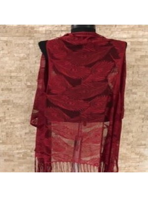 Pareo Dantel Yelek Mayo Bikini Üzeri Yaprak Desenli Püsküllü Plaj Elbisesi - Bordo