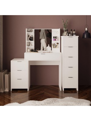 Bimossa T3050 Izabel Çekmeceli Dolaplı Makyaj Masası Beyaz 3 Çekmeceli Aynalı Yan Dolaplı Raflı Fonksiyonel