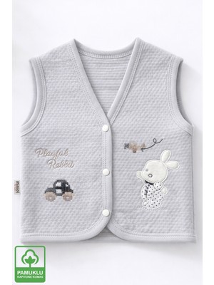 Miniel Erkek Bebek Kanaviçe Tavşan Nakışlı Organik Pamuklu 3-6-9 Ay Kapitone Bebek Yelek
