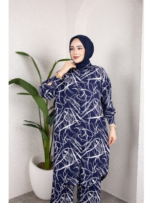 SFG Life Moda Kadın Tesettür Gömlek Yaka Karışık Çizgili Viskon Tunik-Pantolon Takım