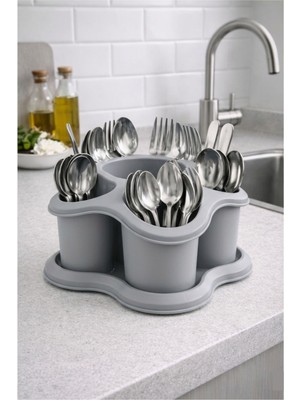 Ovio Ev Yaşam Mutfak Tezgah Üstü Kaşıklık ve Düzenleyici 5 Bölmeli Çok Amaçlı Plastik Organizer  Papatya 16X16CM