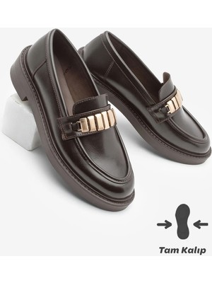 Marjin Kadın Loafer Makosen Tokalı Günlük Ayakkabı Vilyum Kahve