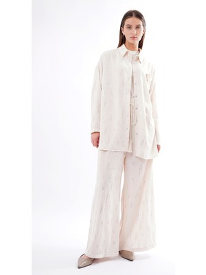 Ceremony Halat Broş Aksesuarlı Pullu Payet Pantolonlu Takım 935 Ekru