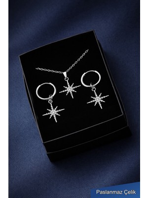 Trend Collection Gümüş Renk Zirkon Taşlı Yıldız Kolye ve Halka Küpe Çelik Seti