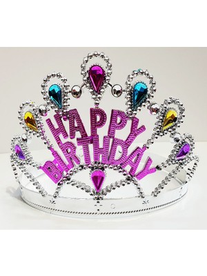 Gümüş Renk Happy Birthday Yazılı Doğum Günü Tacı 60 cm