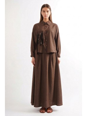 Ceremony Sağ Ön Bedeni Şifon Detaylı Kroş ve Taş Süslemeli Etekli Dubai Takım 913 Kahverengi