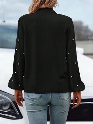 Infivento Kadın Uzun Kollu Yakadan Fiyonklu Incili Ithal Krep Bluz