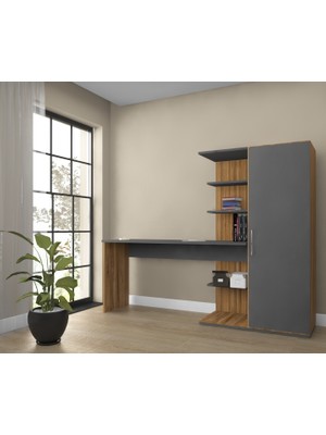 Bicabin Narin Raflı Kitaplıklı Kapaklı Dolaplı Çalışma Masası -Atlantik Çam/Antrasit (Dolap Sağ)