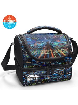 Coral High Kids Siyah Çok Renkli Yarış Arabası Desenli Thermo Iki Katlı Beslenme Çantası 37210