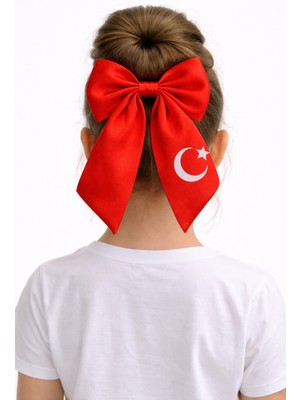 Sibel Günay Butik Kız Çocuk Kırmızı Ay Yıldız Baskılı Fiyonk Detaylı Saç Tokası| 23 Nisan–19 Mayıs–29 Ekim