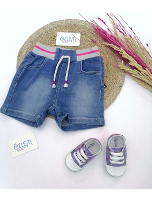 Overdo Pembe Çizgili Beli Lastikli Mavi Denim Şort Denim