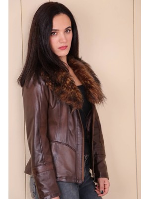 Aclassics Kahverengi Hakiki Deri Çıkarılabilir Kürk Yakalı Mont Kaban