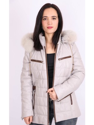 Aclassics Ekru Hakiki Deri Kürklü Çıkarılabilir Kapüşonlu Kapitoneli Mont Kaban