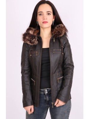 Aclassics Kahverengi Hakiki Deri Kürklü Çıkarılabilir Kapüşonlu Mont Kaban