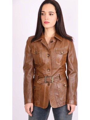 Aclassics Kahverengi Hakiki Deri Yakalı Kemerli Düğmeli Mont Kaban