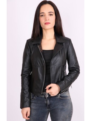 Aclassics Siyah Hakiki Deri Yakalı Asimetrik Fermuarlı Spor Kısa Mont