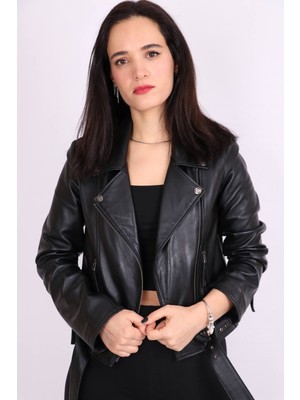 Aclassics Siyah Hakiki Deri Yakalı Kemer Detaylı Spor Kısa Mont