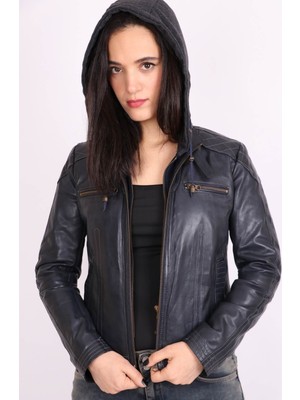 Aclassics Lacivert Hakiki Deri Çıkarılabilir Kapüşonlu Hakim Yaka Spor Mont