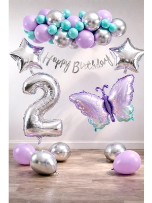 Patladı Gitti Lila Kelebek Temalı 2 Yaş Doğum Günü Balon Süsleme Seti – Lila Gümüş Parti Dekorasyon Seti