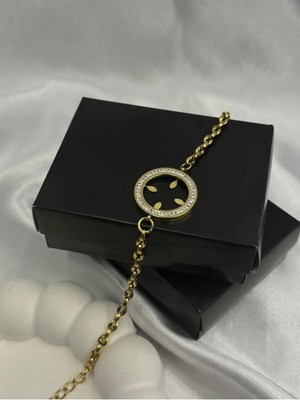 Zincirli Içi Boş Veya Dolu Çeyrek Altın Çerçeveli Zirkon Taş Işleme Detaylı Bileklik