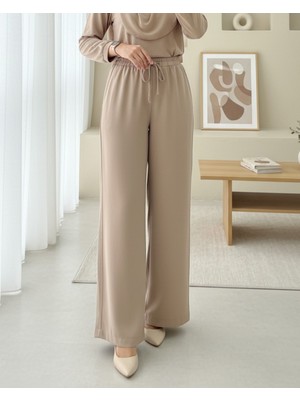 Modamorfo Beli Lastikli Bağcıklı Bol Paça Modal Kumaş Salaş Pantolon  -Vizon