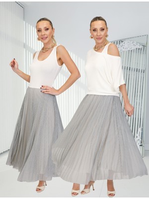 Qimya Butik Buketli Kadın Içi Kolsuz Eteği Puantiyeli Pliseli Üstü Kısa Bluzlü Iki Parçalı Elbise