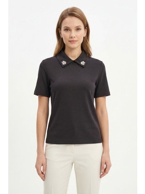 Rays Siyah Yaka Taşlı Kısa Kollu Tişört 6294