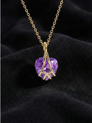 Erdobia 925 Ayar Gümüş Gold Renk Ametist Taşlı Kafes Kalp Arkadaşlık Kolyesi