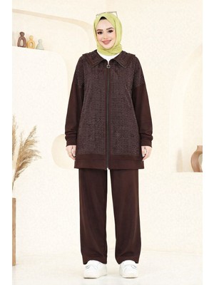 SFG Life Moda Kadın Tesettür Giyim Önü Fermuarlı Full Taşlı Tunik-Pantolon Ikili Takım