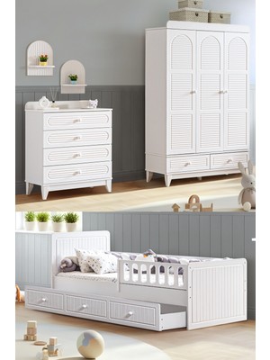 Setay Tetri Çocuk Odası, Tetri 3 Kapaklı Dolap, Lena Yavrulu Karyola, Şifonyer - Beyaz