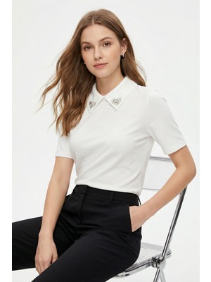 Rays Ekru Yaka Taşlı Kısa Kollu Tişört 6294