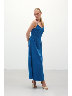 Sateen Askılı Uzun Saten Elbise - Sax Mavi