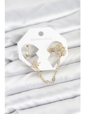 Kutup Yıldızı Model Pirinç Gold Renk Zincir Bağlantılı Ear Cuff Küpe Seti