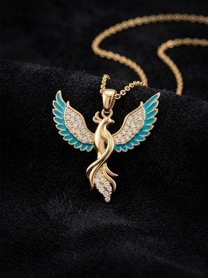 Erdobia 925 Ayar Gümüş Zümrüdüanka Kuşu Kolye - Altın Kaplama Turkuaz Mineli Kadın Kolye