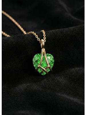 Erdobia 925 Ayar Gümüş Gold Renk Zümrüt Taşlı Kafes Kalp Arkadaşlık Kolyesi