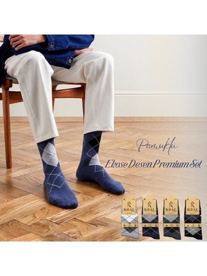 Kral Socks 4 Çift Erkek Pamuklu Soket Ekose Desen Premium Çorap Seti
