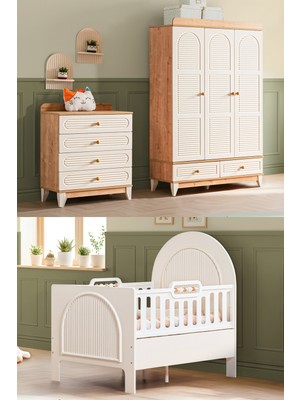 Setay Tetri Meşe Çocuk Odası, Tetri Meşe 3 Kapaklı Dolap, Şifonyer, Krem Athena Büyüyen Beşik