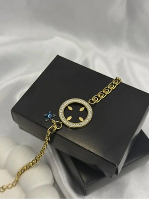 Zincirli Içi Boş Veya Dolu Çeyrek Altın Çerçeveli Zirkon Taş Işleme Detaylı Bileklik