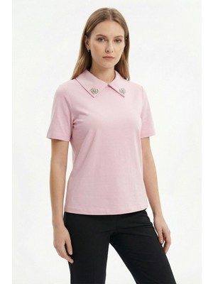 Rays Pembe Yaka Taşlı Kısa Kollu Tişört 6294