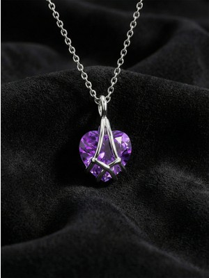 Erdobia 925 Ayar Gümüş Rodyum Renk Ametist Taşlı Kafes Kalp Arkadaşlık Kolyesi