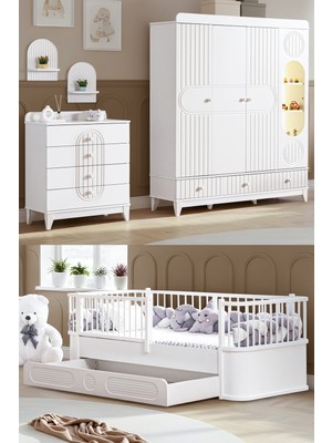 Setay Klas Çocuk Odası, Klas 4 Kapaklı Dolap, Antalya Yavrulu Karyola, Şifonyer - Beyaz