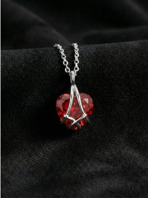 Erdobia 925 Ayar Gümüş Rodyum Renk Yakut Taşlı Kafes Kalp Arkadaşlık Kolyesi