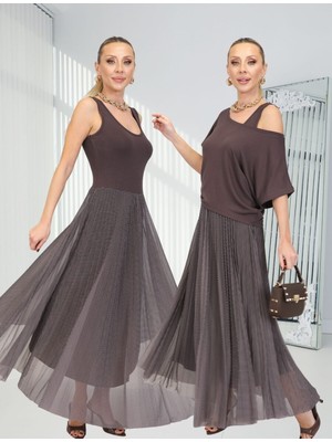 Qimya Butik Buketli Kadın Içi Kolsuz Eteği Puantiyeli Pliseli Üstü Kısa Bluzlü Iki Parçalı Elbise