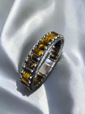 Basqio Doğal Taş Silindir Kesim Kilitli Bileklik - Kaplan Gözü