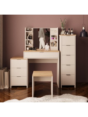 Bimossa U3060 Izabel Makyaj Masası Takımı Sepet-Kumtaşı – Aynalı, 3 Çekmeceli Yan Dolaplı, Raflı